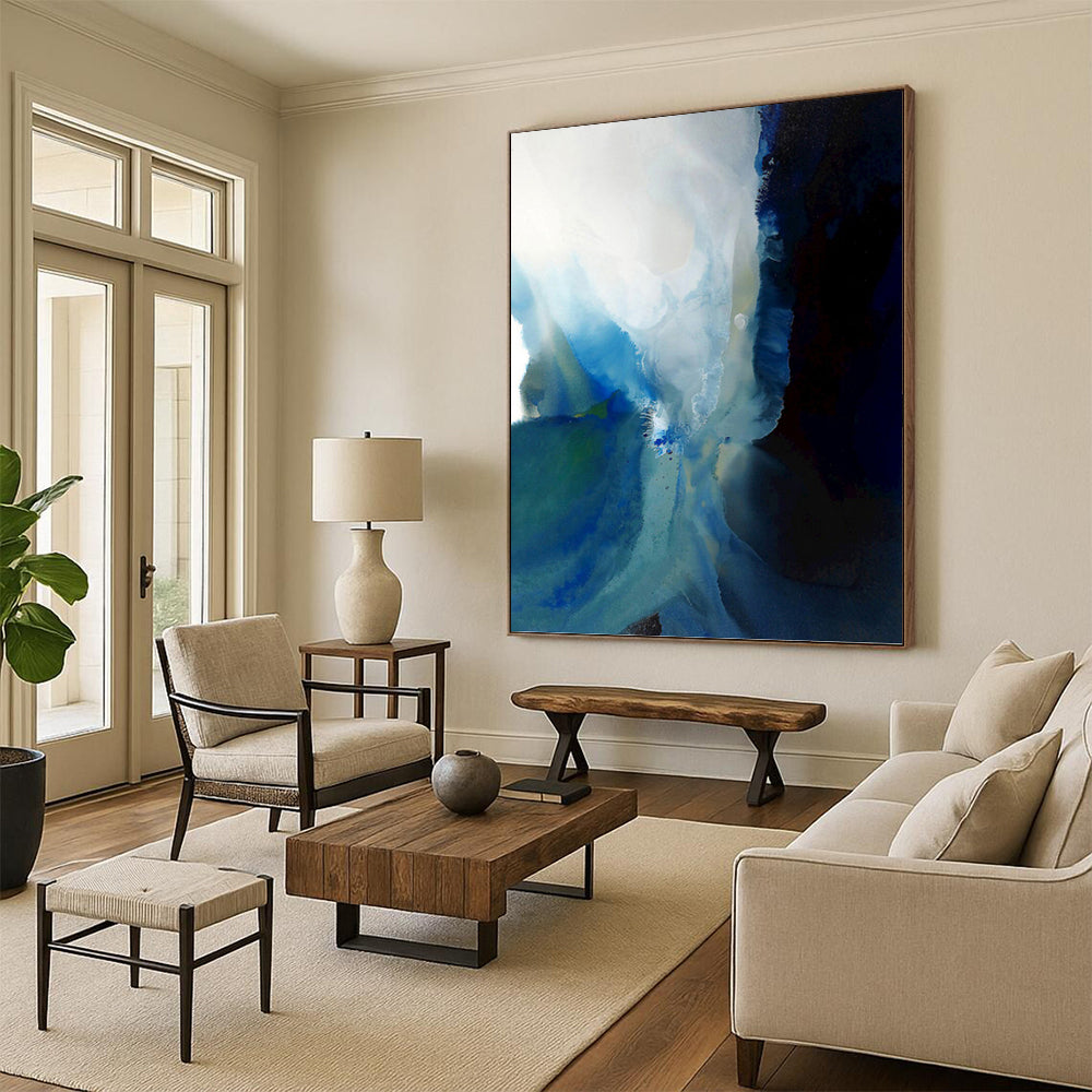 “Blue - White Fusion: Abstract Watercolor Flow” - Expressive Watercolor Painting On Canvas PT0941