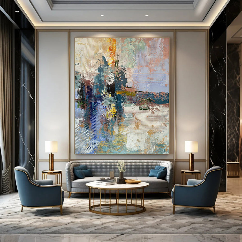 Blue, Green, Yellow, Pink with Textured Strokes "Dreamy Harbor" Abstract Painting On Canvas PS1397