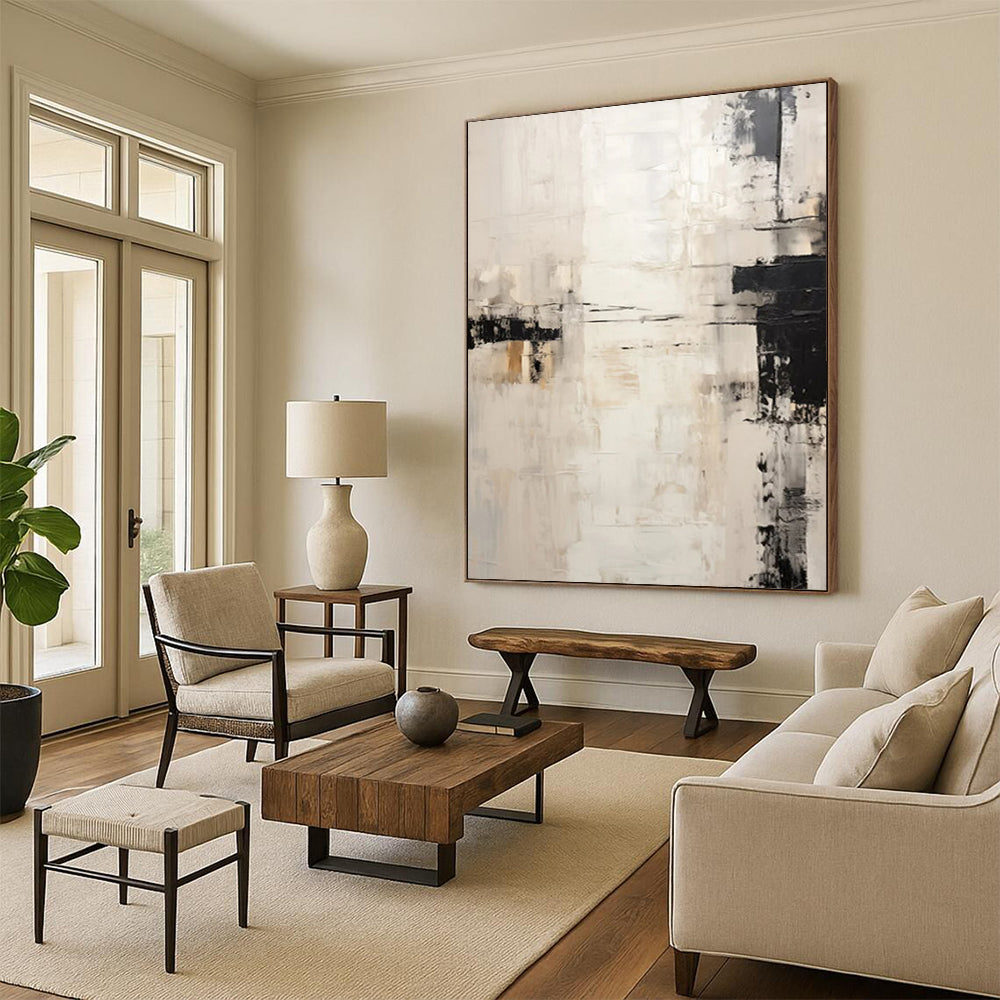 “Neutral Abstraction” - Monochrome Blocks & Lines Painting On Canvas DS131