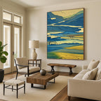 “Layered Blue - Yellow Landscape: Abstract Mountain Art” - Vibrant Geometric Painting On Canvas PT0963