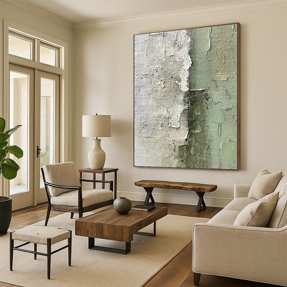 “Textured Green and White Abstract” - Wabi - Sab Style Painting On Canvas PT1002