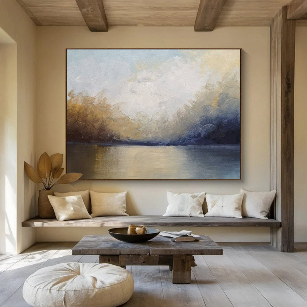 “Soft Lake Reflection in Blues and Golds” - Impressionistic Landscape Painting On Canvas PT041
