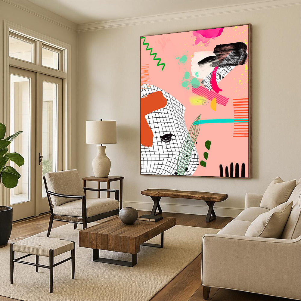 “Playful Pink - Green Abstract Collage” - Contemporary Abstract Painting On Canvas PT2006