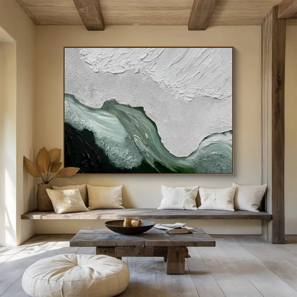 “Textured White - Green Abstraction” - White, Green & Black Abstract, Impasto Acrylic Painting On Canvas DKS744
