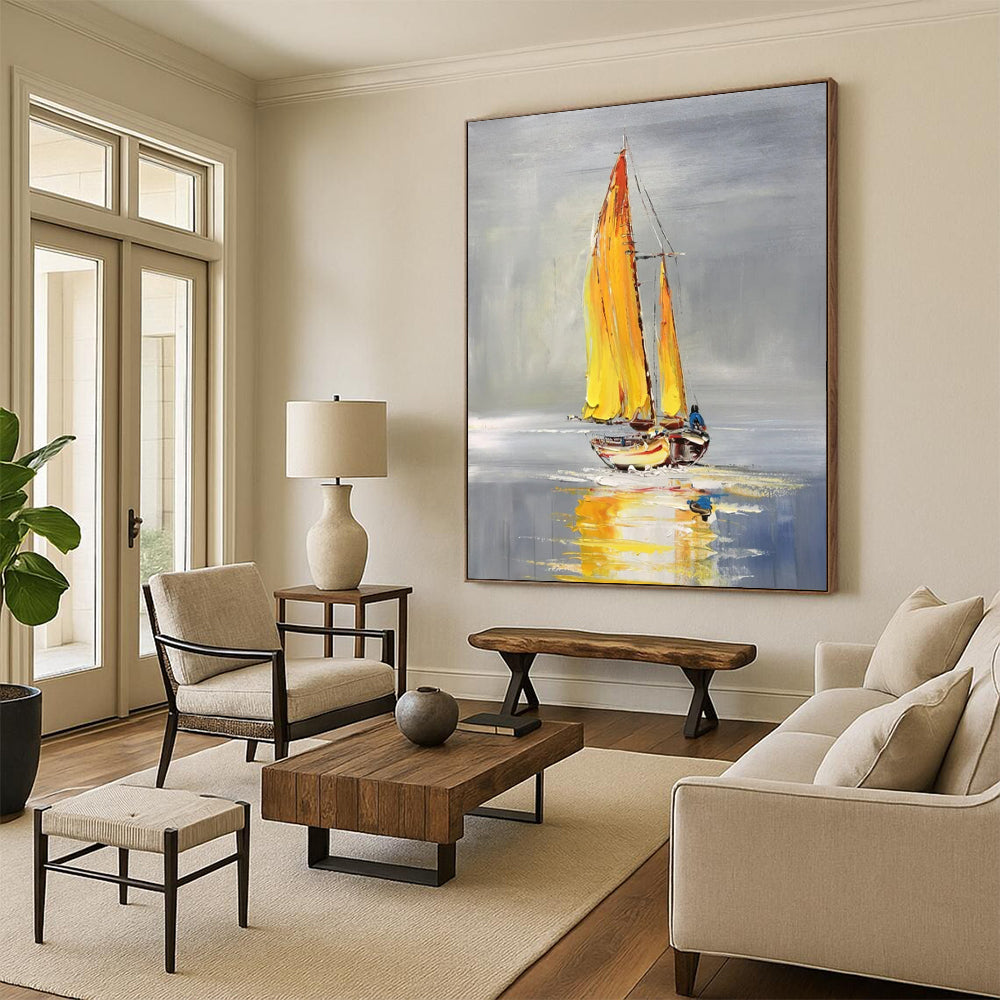 “Yellow - Sailed Boat on Calm Water” - Impressionistic Oil Painting On Canvas PT2198