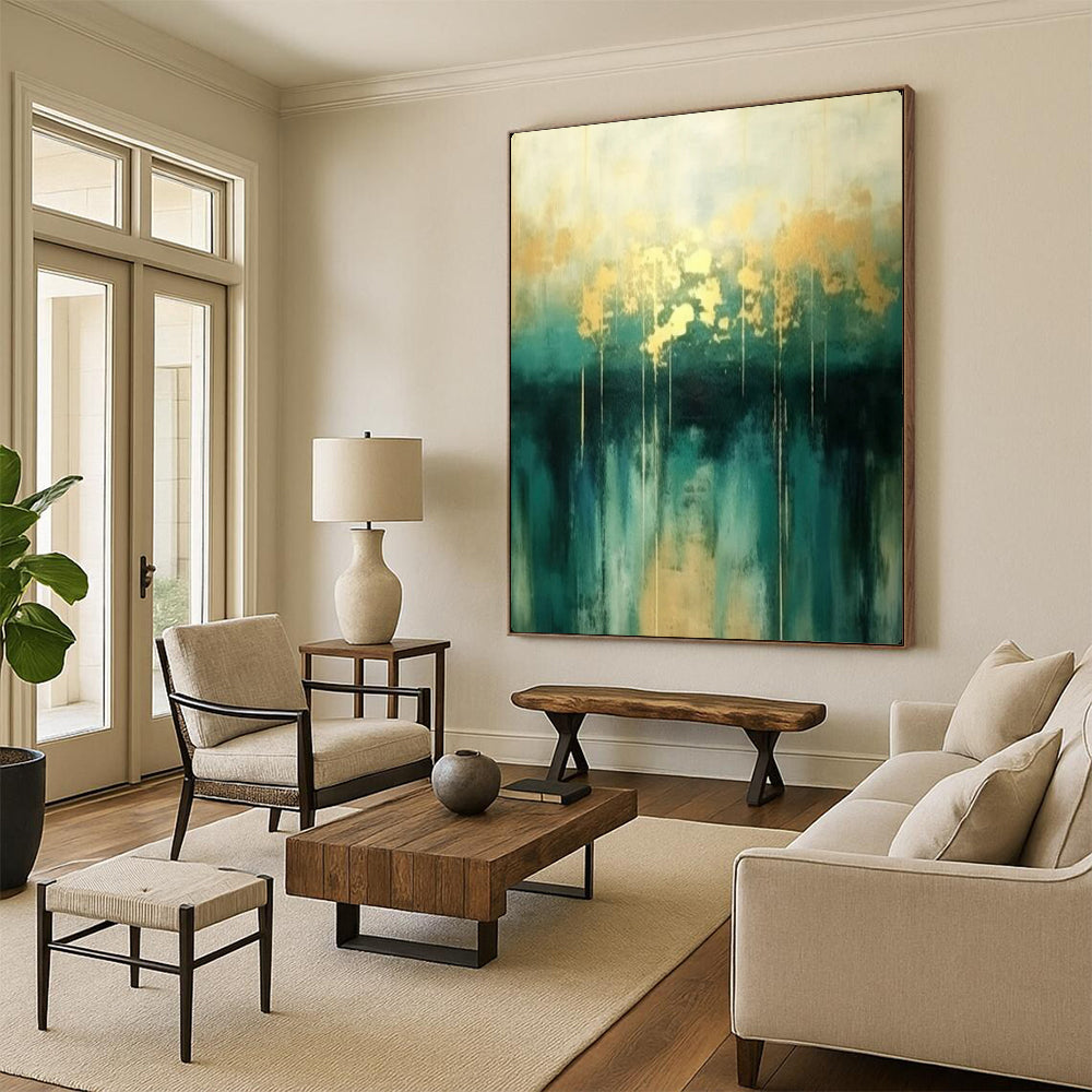 “Gold & Teal Abstract Drip” - Elegant Acrylic Painting On Canvas PT2168