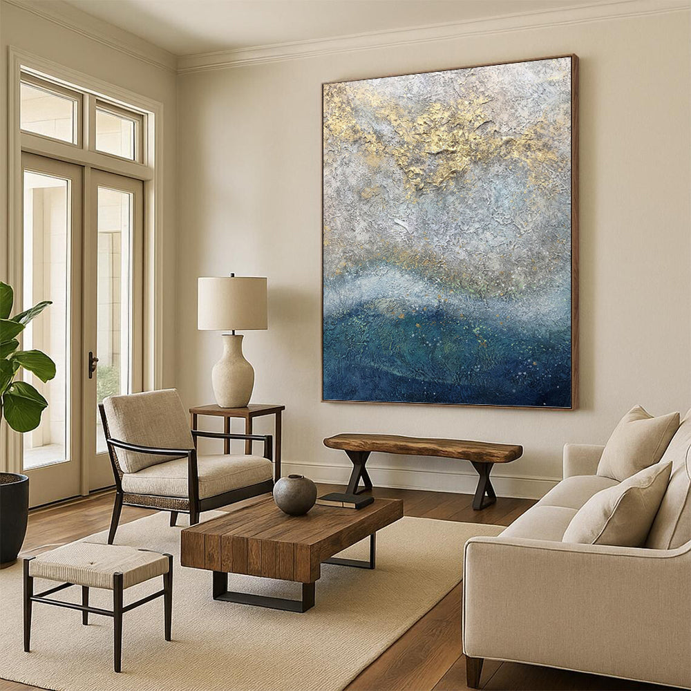 “Textured Grey - Gold: Abstract Coastal Art” - Luxe Seaside Painting On Canvas PT0958