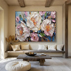“White and Pink Peonies with Blue Accents” - Impasto Oil Painting On Canvas DKS891