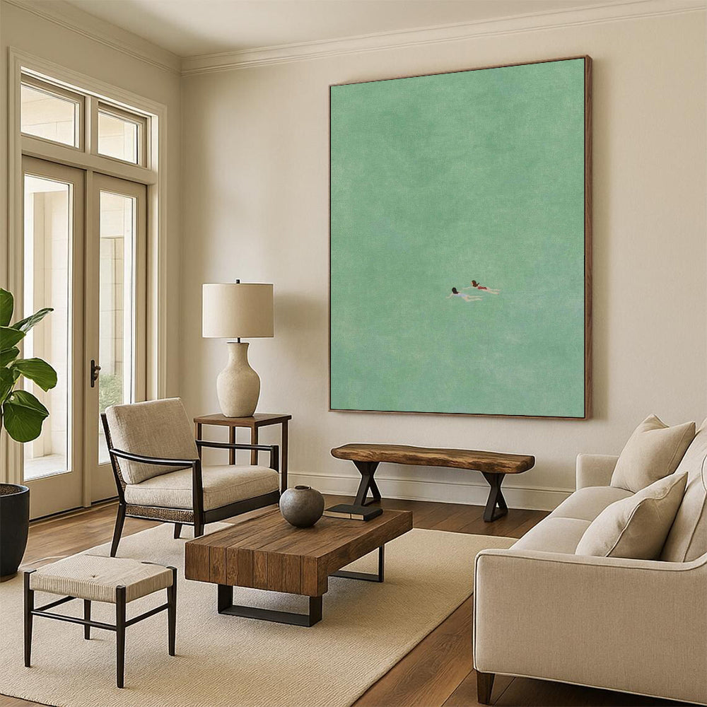 “Two Swimmers in Green” - Minimalist Figurative Painting On Canvas DS305