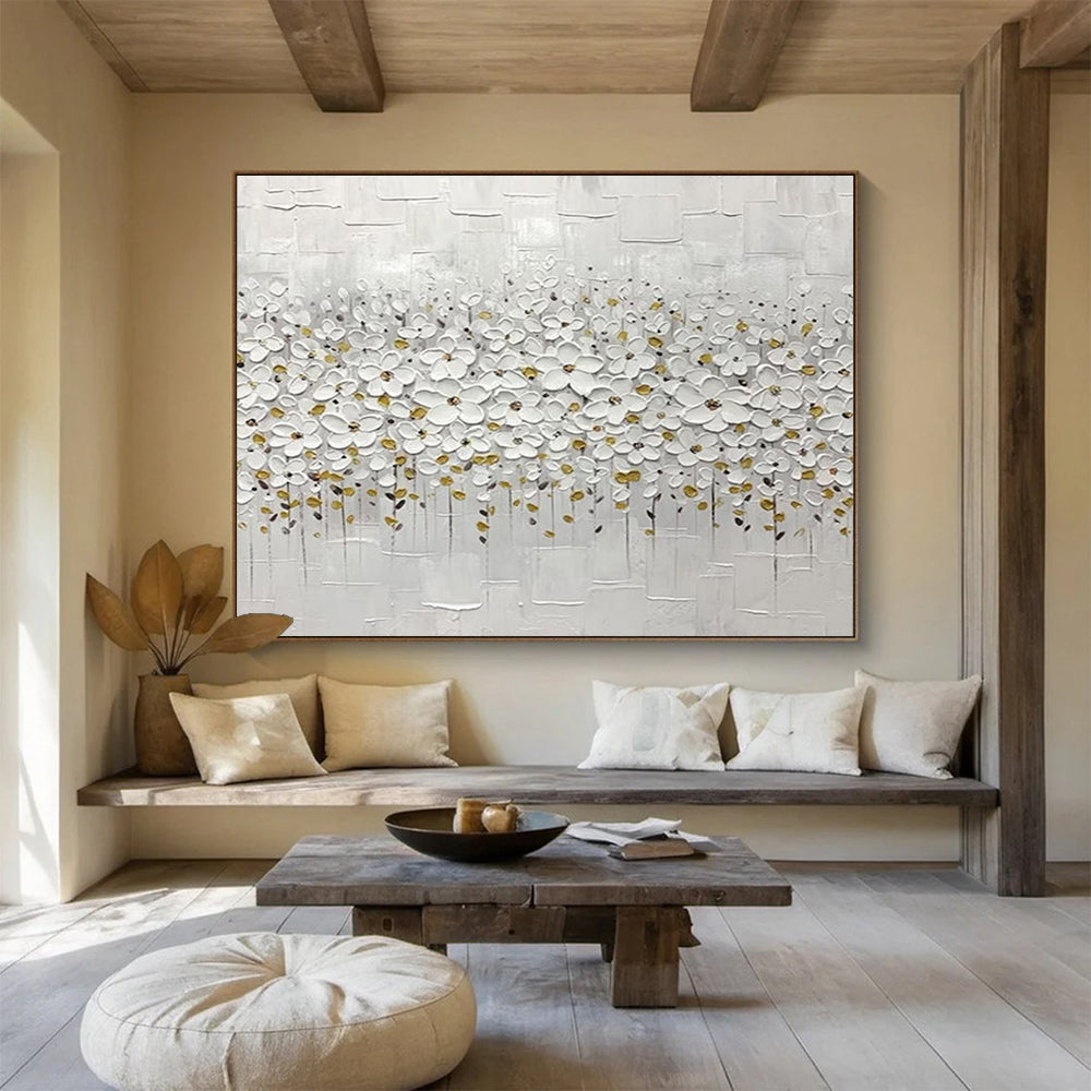 “White & Gold Floral Impasto” - Elegant Textured Painting On Canvas PT214