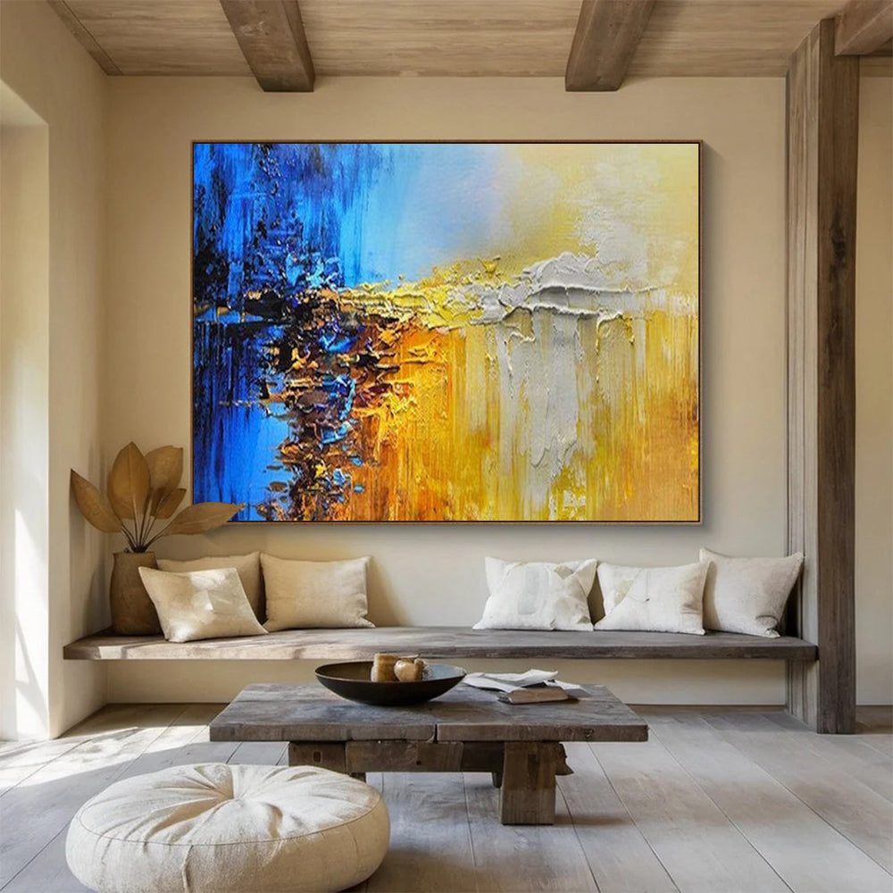 “Blue & Gold Abstract Fusion” - Bold Textured Painting On Canvas PT179