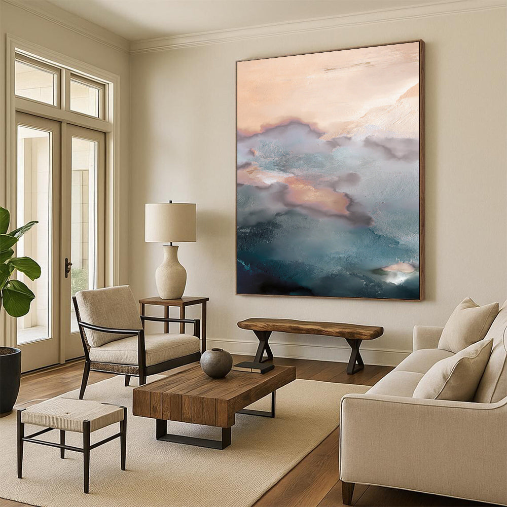 “Ethereal Color Fusion” - Soft Pink & Blue Cloud - Like Textures Painting On Canvas DS164