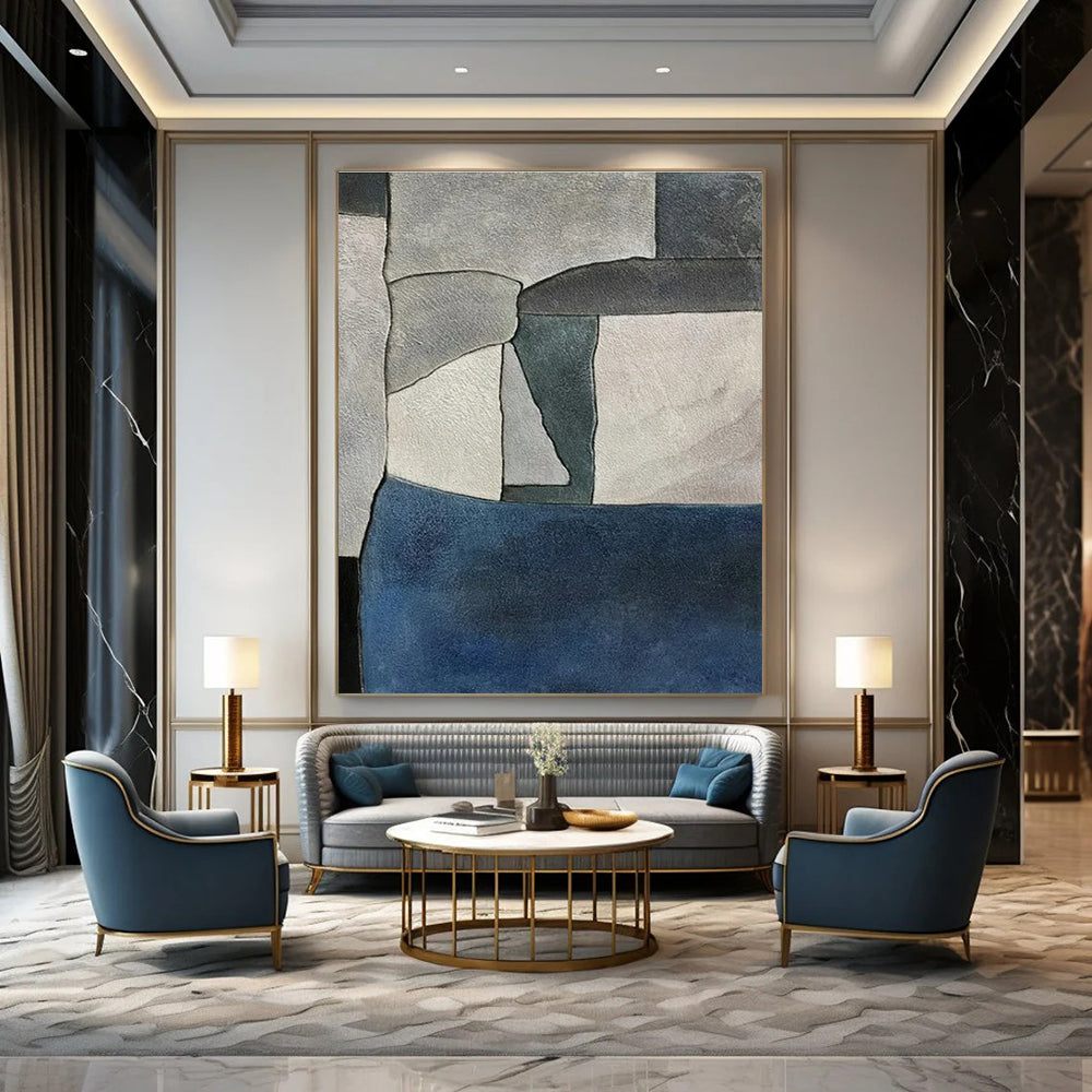 Gray, Blue, White with Geometric Shapes "Modern Mosaic" Abstract Painting On Canvas PS1425