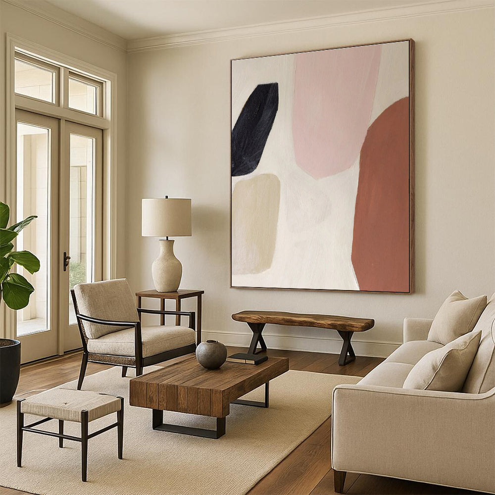 “Blush & Earth Tones” - Black, Pink, Beige, Brown Abstract Minimalist Painting On Canvas PS0656