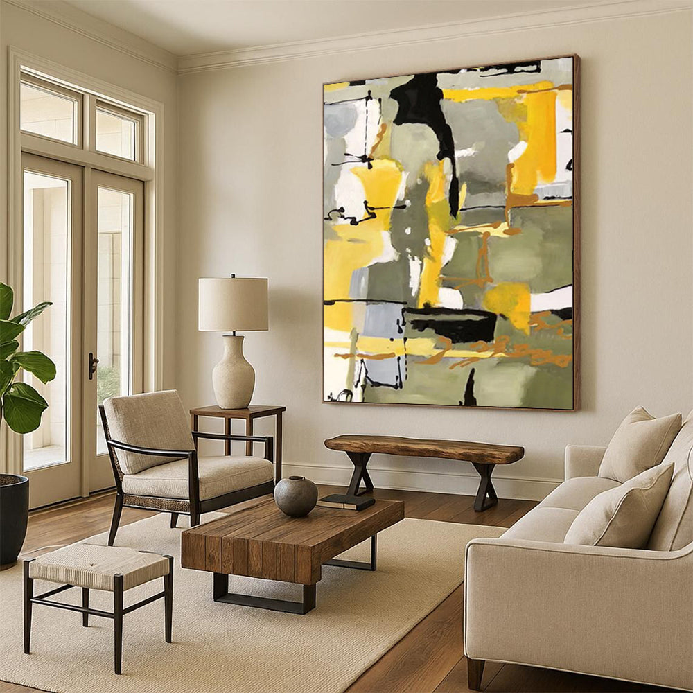 “Yellow - Grey Abstract Dynamic Shapes” - Lively Abstract Painting On Canvas PS0344