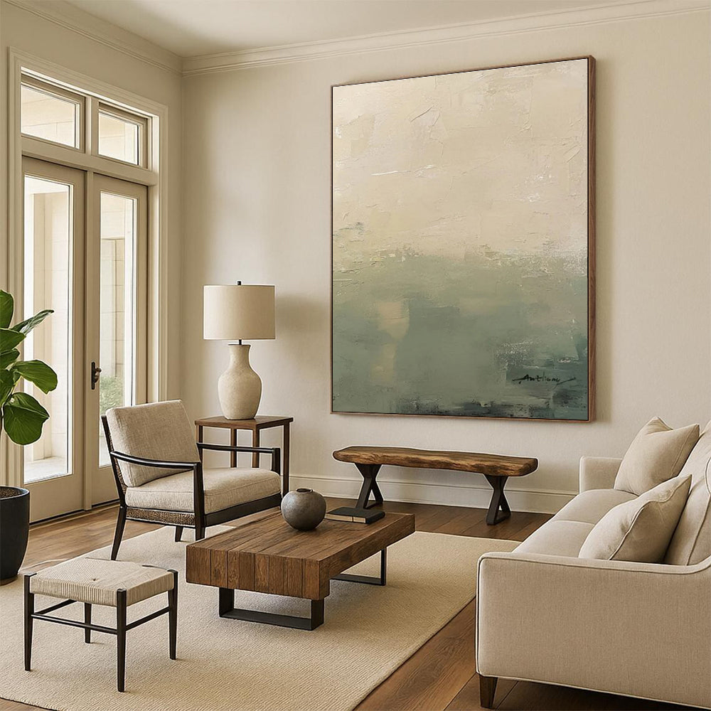 “Soft Green - Beige Gradient” - Beige, Green Abstract Landscape Painting On Canvas PS0657