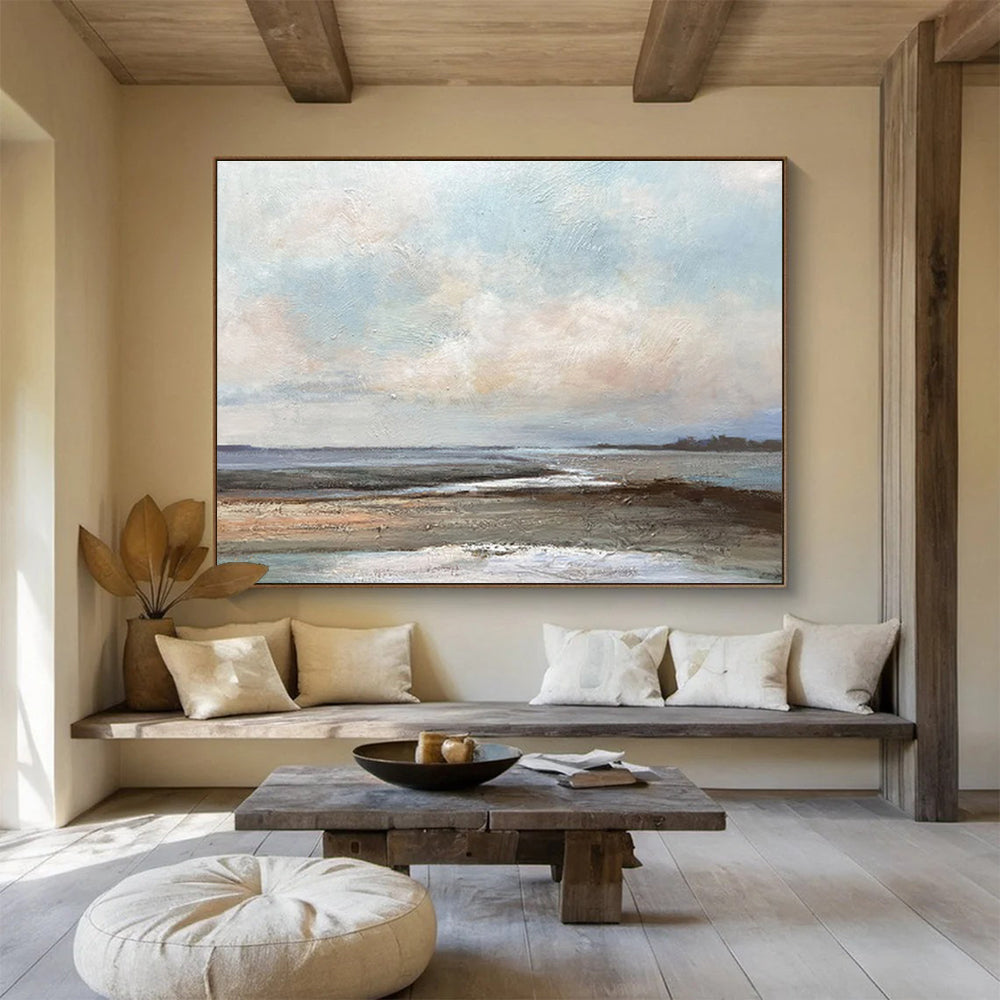 “Serene Coastal Marsh” - Blue, Gray & Brown Landscape, Impressionistic Oil Painting On Canvas DKS755