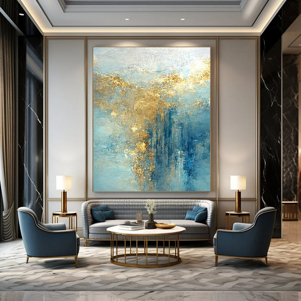 Blue, Gold, and Teal Flowing, "Celestial Current" – Abstract Fluid Painting On Canvas PS1010