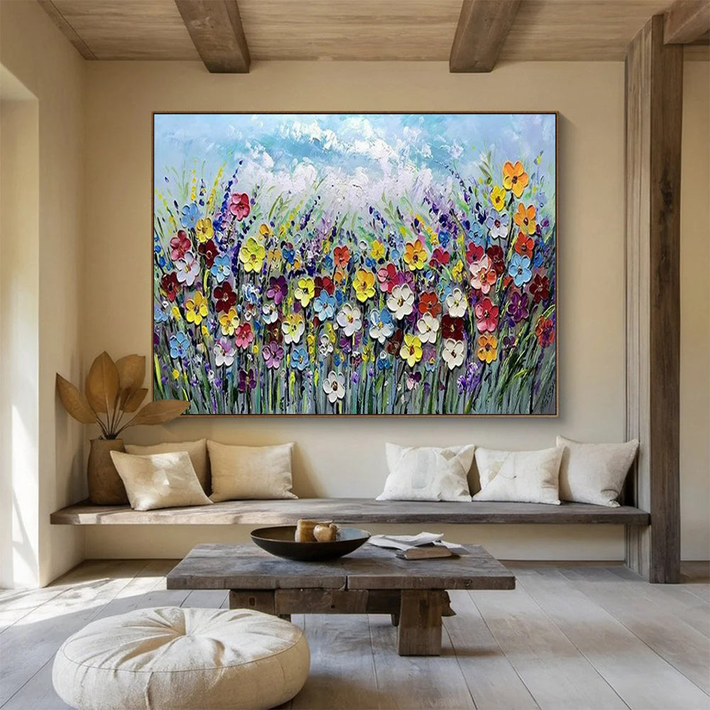 “Colorful Flower Field with Thick Textures” Impasto Floral Painting On Canvas PT1795