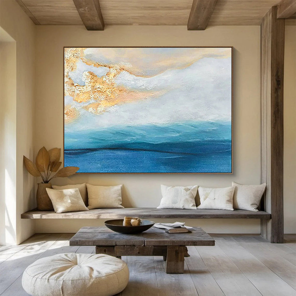 “Gold - Blue Coastal Abstract” - Serene Blends Painting On Canvas PT1521