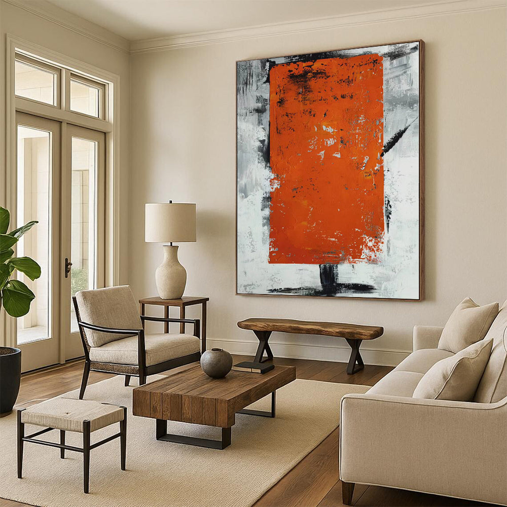 “Textured Orange - Grey Abstract Rectangle” - Industrial Abstract Painting On Canvas PS0316