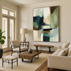“Teal & Gold Abstract Geometry” - Teal, Gold, Green, White Abstract Geometric Painting On Canvas PS0757