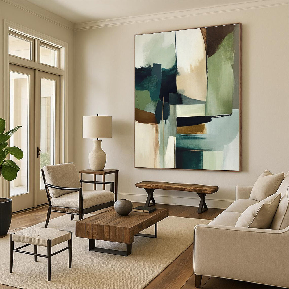 “Teal & Gold Abstract Geometry” - Teal, Gold, Green, White Abstract Geometric Painting On Canvas PS0757
