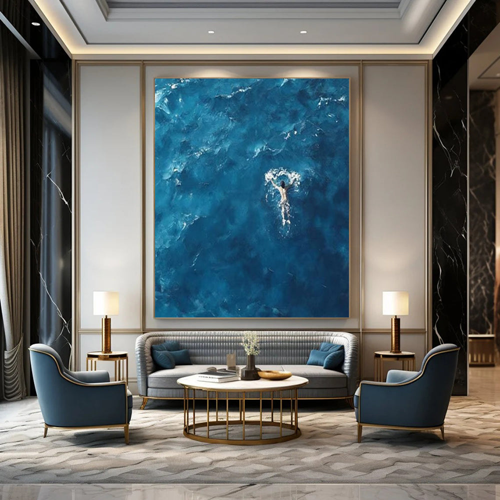 Aerial View of Swimmer in Deep Blue Water "Solitude at Sea" Photorealistic Painting On Canvas PS1065