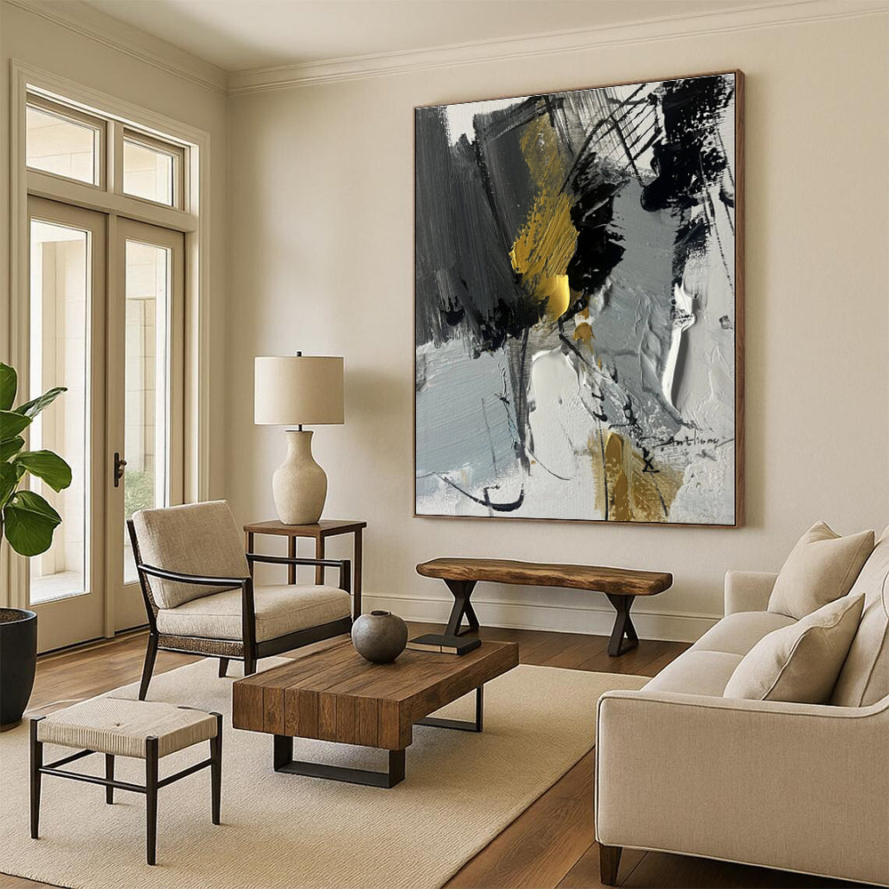 “Gray - Gold Dynamic Abstraction” - Gray, Gold, Black Abstract Painting On Canvas PS0493