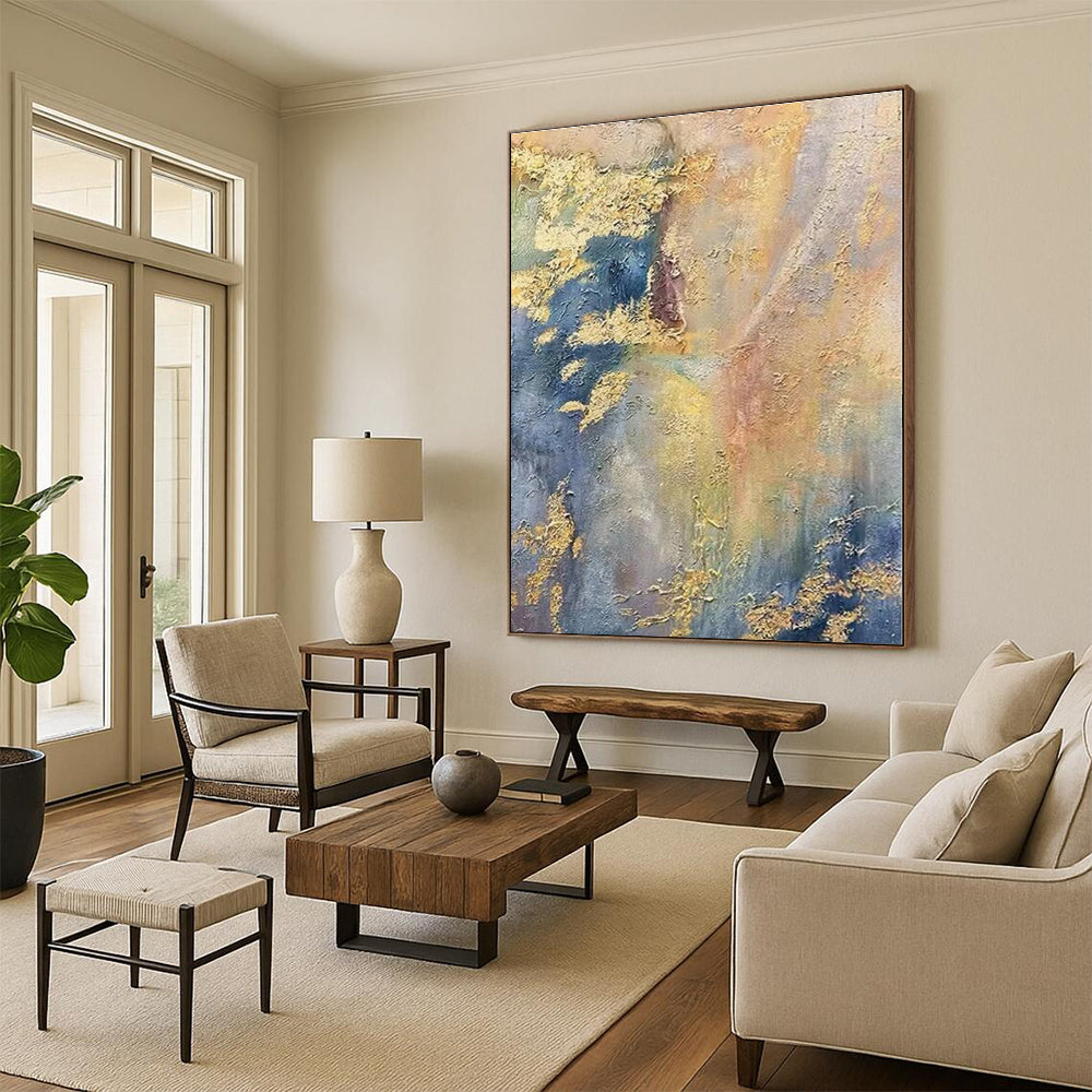 “Gold - Blue - Yellow Textured Abstraction” - Gold, Blue, Yellow Abstract Textured Painting On Canvas PS0582