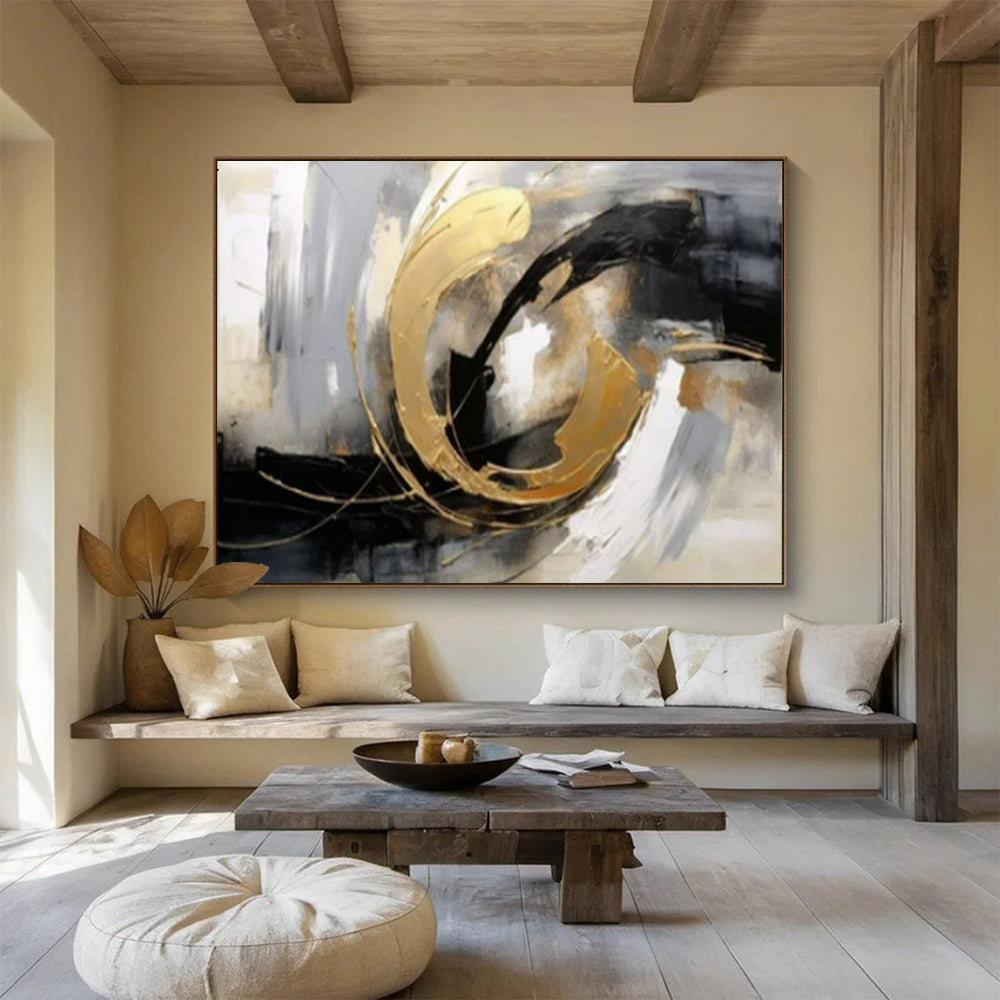 “Gold - Black - White Swirls” - Metallic Accents “Gilded Motion” Painting On Canvas PT1627