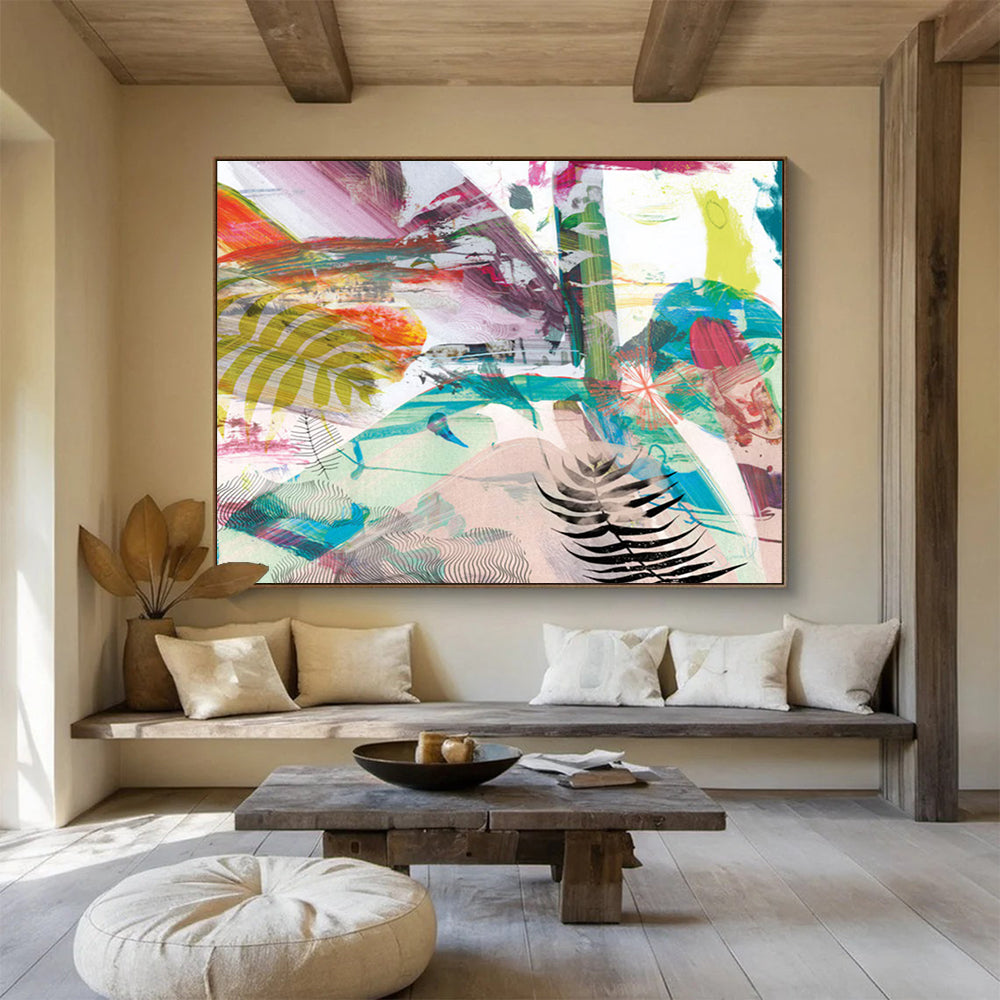 “Vibrant Mixed - Media Abstract with Ferns” - Botanical Mixed - Media Painting On Canvas PT118