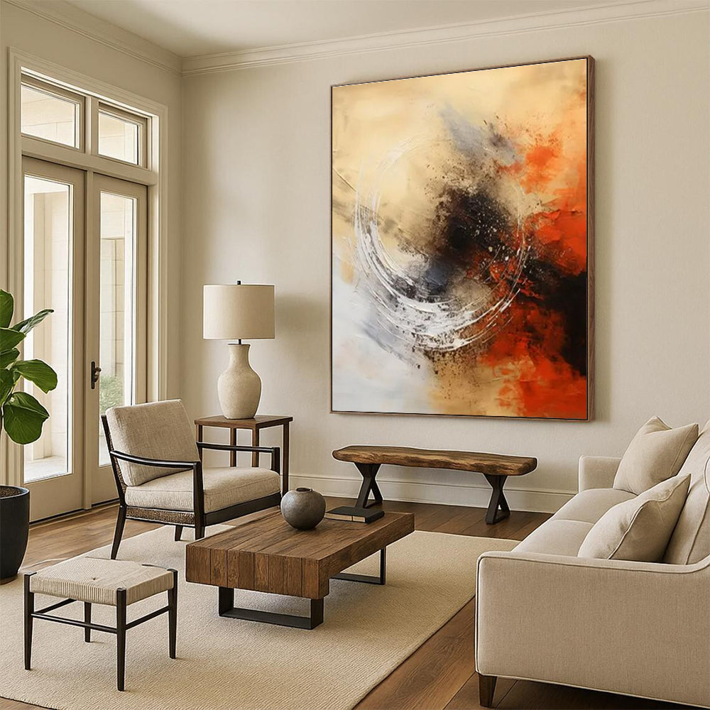 Beige, Grey, Black & Orange Abstract Circle Painting On Canvas PS0828