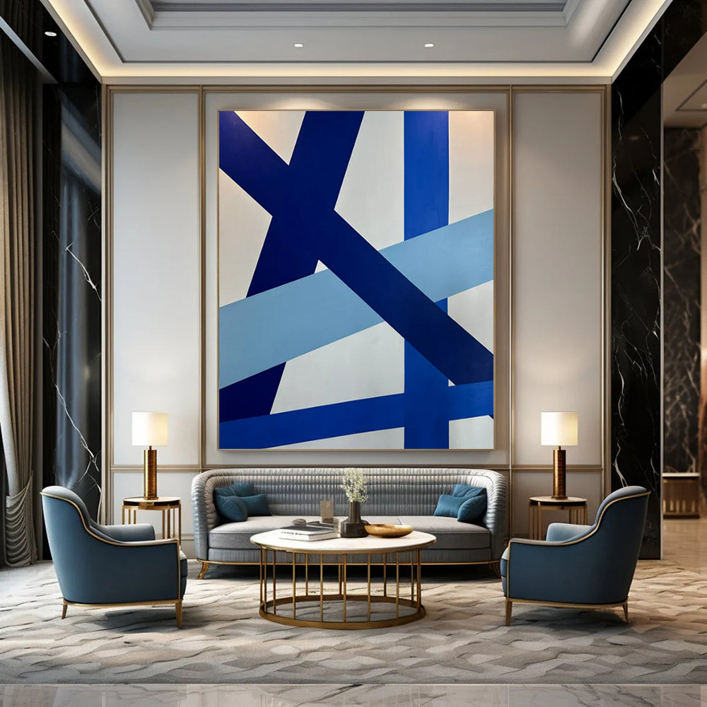 Blue and White Geometric, "Dynamic Crossroads" – Geometric Abstract Painting On Canvas PS0995