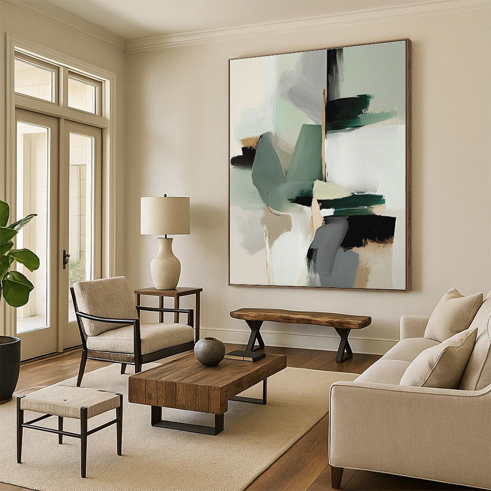 “Soft - Toned Geometric Fusion” - Light Green, Gray, Beige Geometric Abstract Painting On Canvas PS0746