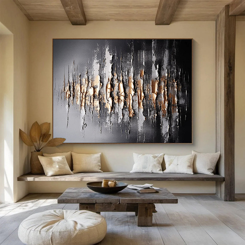Black, Silver & Gold Textured Abstract Painting On Canvas DKS041