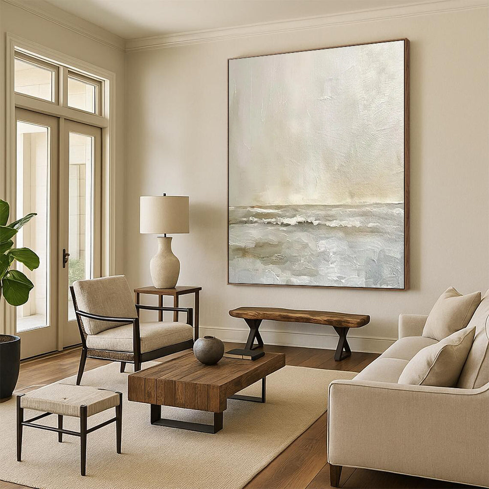 “Beige and Gray Coastal Calm” - Abstract Landscape Painting On Canvas PT2360