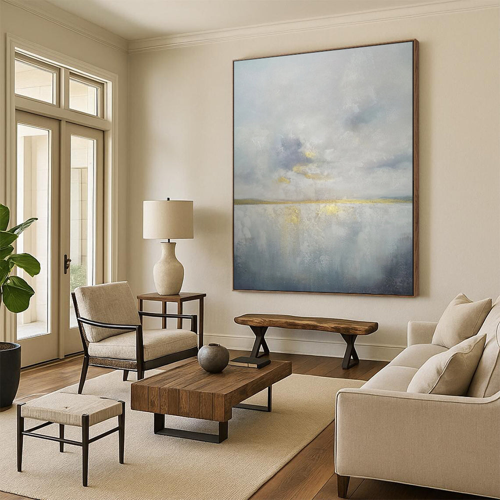 “Gray - Toned Abstract Sky and Water with Gold Accents” - Abstract Landscape Painting On Canvas PT1903