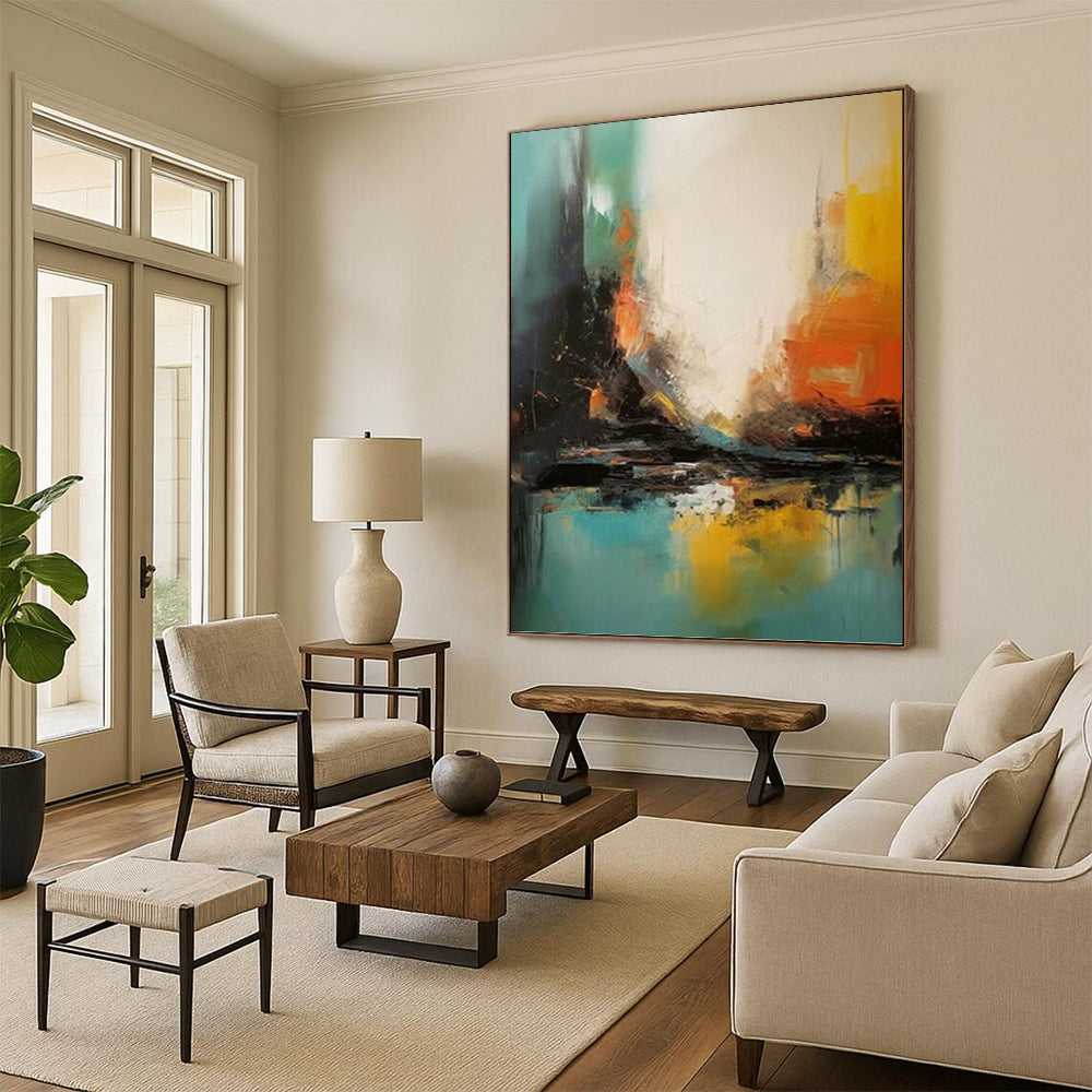 “Vibrant Cityscape: Colorful Abstract Reflection” - Dynamic Urban Abstract Painting On Canvas PT0928