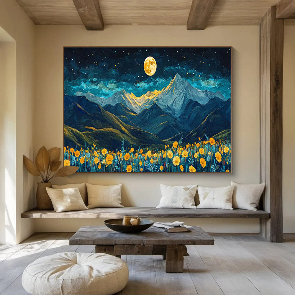 “Moonlit Mountain Blooms” - Blue, Yellow & Gold Landscape, Night Sky Oil Painting On Canvas DKS694