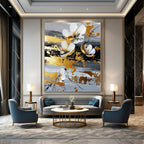 White, Gold, Gray with Floating Flowers "Airy Blooms" Floral Painting On Canvas PS1255