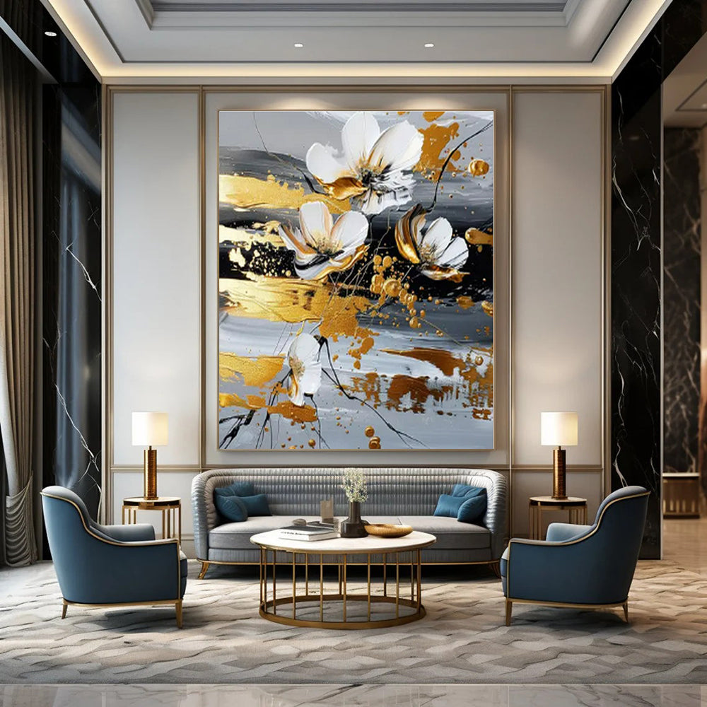 White, Gold, Gray with Floating Flowers "Airy Blooms" Floral Painting On Canvas PS1255