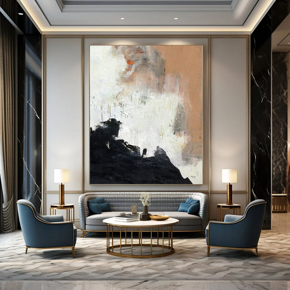 Black, White, Orange and Beige with Dynamic Textures "Fiery Dawn" Abstract Painting On Canvas PS1153