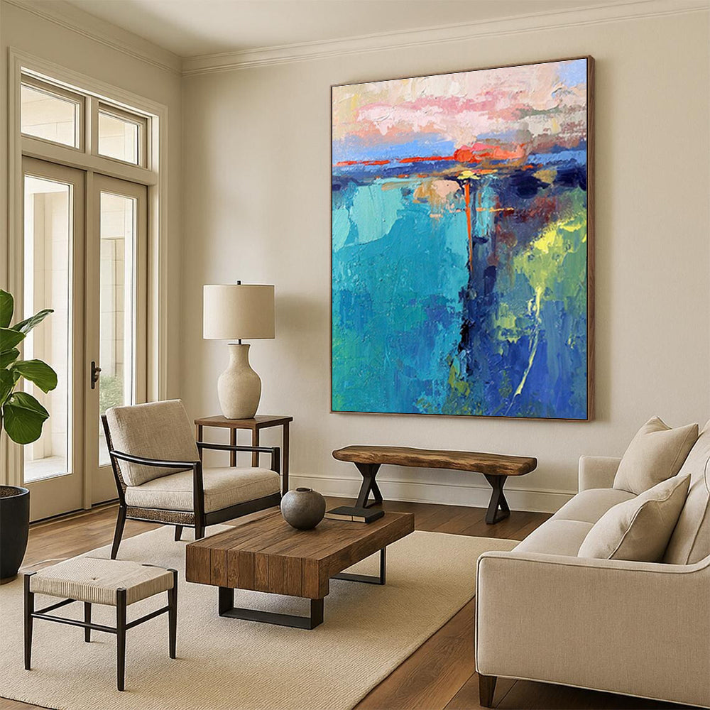 “Colorful Abstract Landscape” - Blue, Green, Pink Abstract Landscape Painting On Canvas PS0720