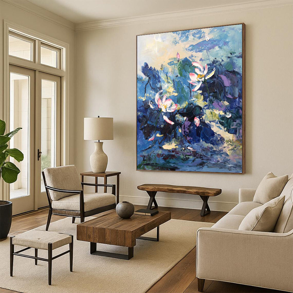 “Blue - Purple Lotus Pond” - Impressionist Floral Painting On Canvas PT1298