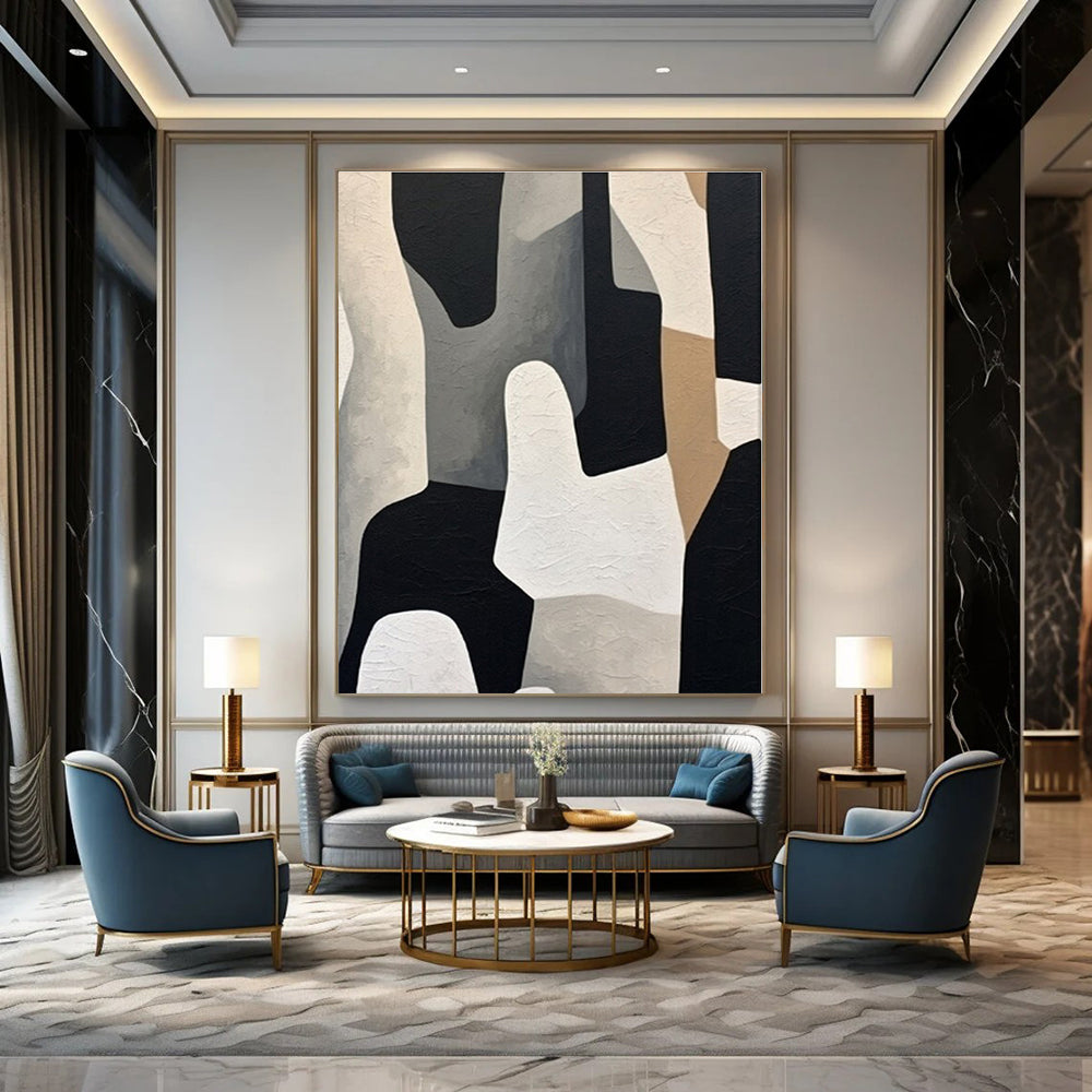 Black, White, Beige with Abstract Shapes "Monochrome Mosaic" Abstract Painting On Canvas PS1280