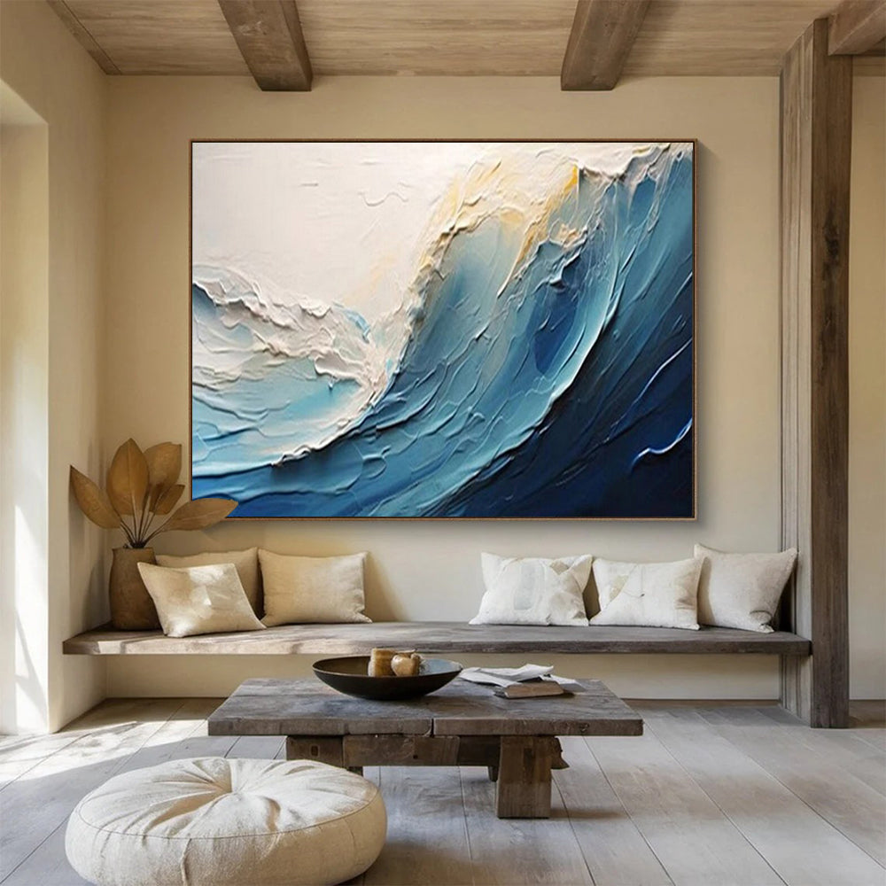 “Textured Blue - White Ocean Wave” - Impasto Seaside Painting On Canvas PT1558