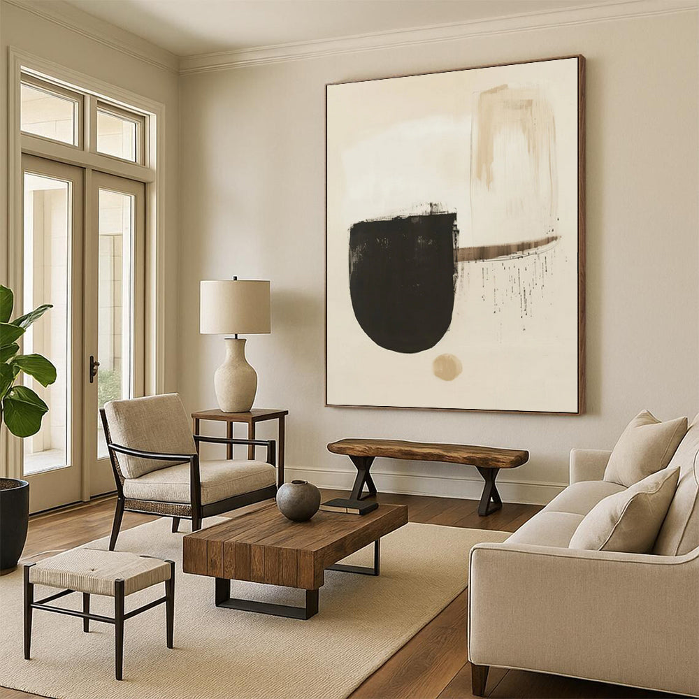 “Subtle Beige - Black Abstract Shapes” - Contemporary Abstract Painting On Canvas PS0275