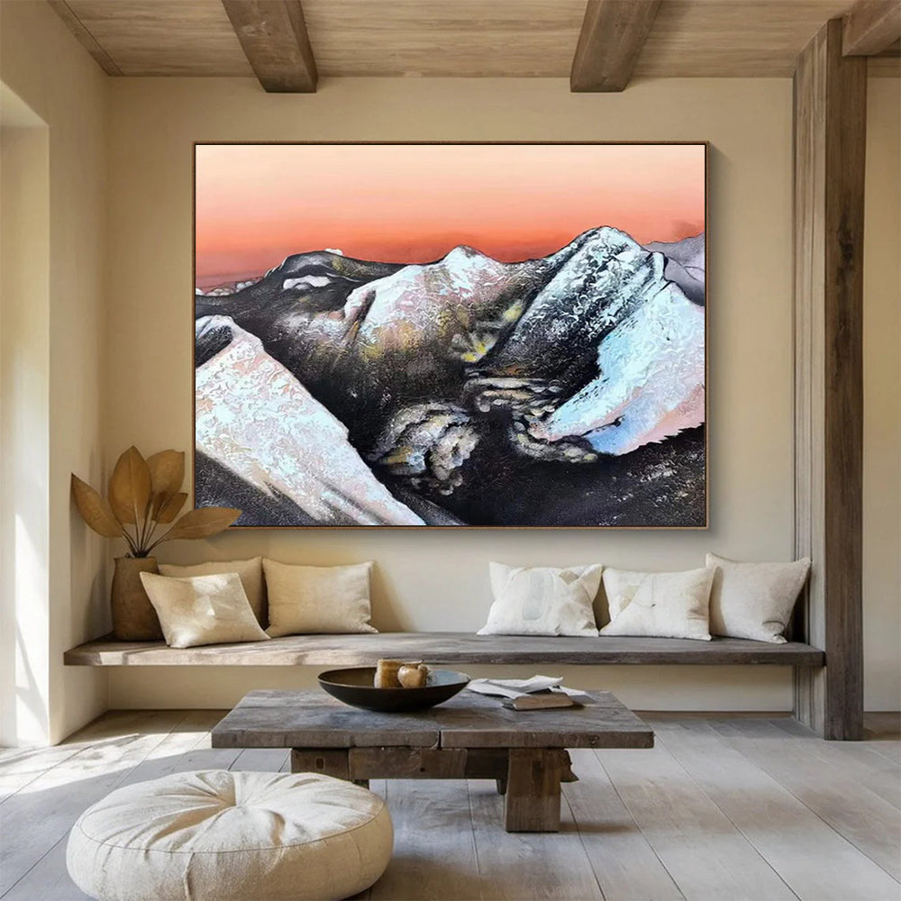 Snow - Capped Mountains & Orange Sky: Abstract Landscape Painting for Mountain - Themed Lounge & Art Gallery DKS651