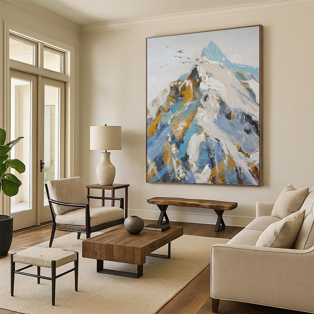 “Snowy Mountain: Blue, White, and Gold Abstract” - Bold Landscape Art On Canvas PT0955